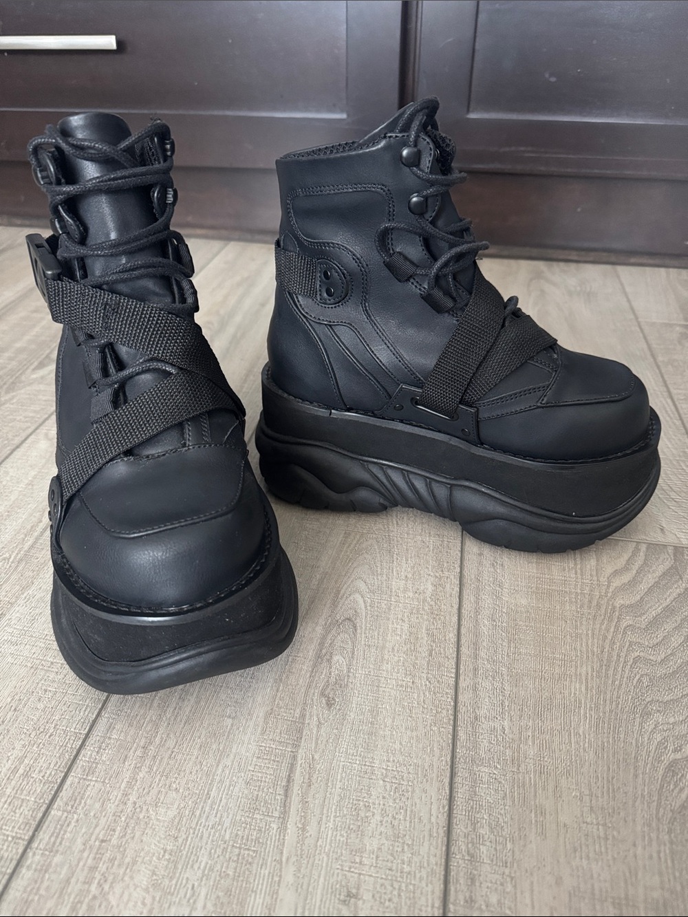 Demonia Black Chunky Platform Lace-Up Heeled Boots